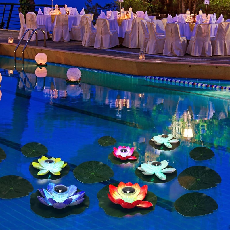 VIHOSE 6 Pcs Solar Floating Pond Lights Waterproof Solar Lotus Floating LED with 10 Pcs Lily Pads Swimming Pool Pond Flower Night Lights for Patio Garden Pool Outdoor Party Decorations - Image 5